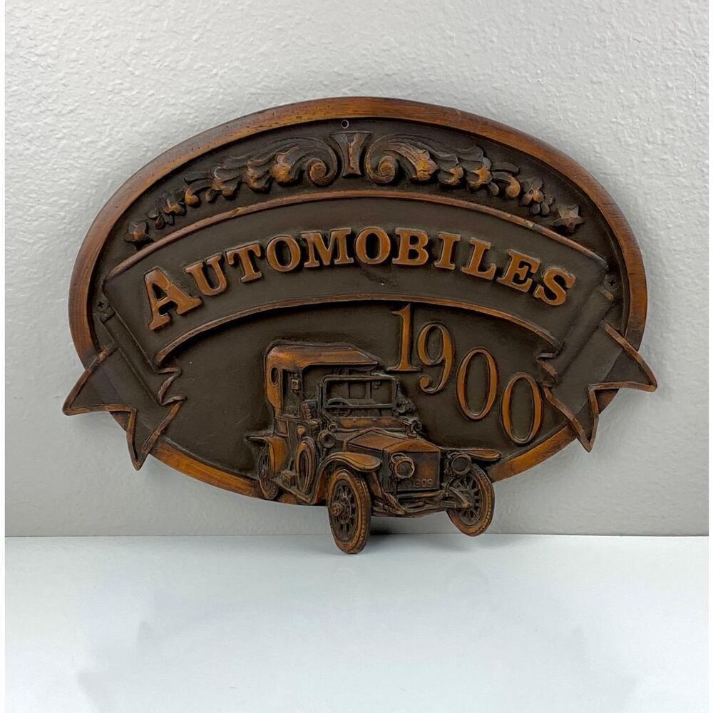 Vintage 1970's Faux Wood Automobiles Automobile 1900 Car Wall Sign Plaque 16.5in